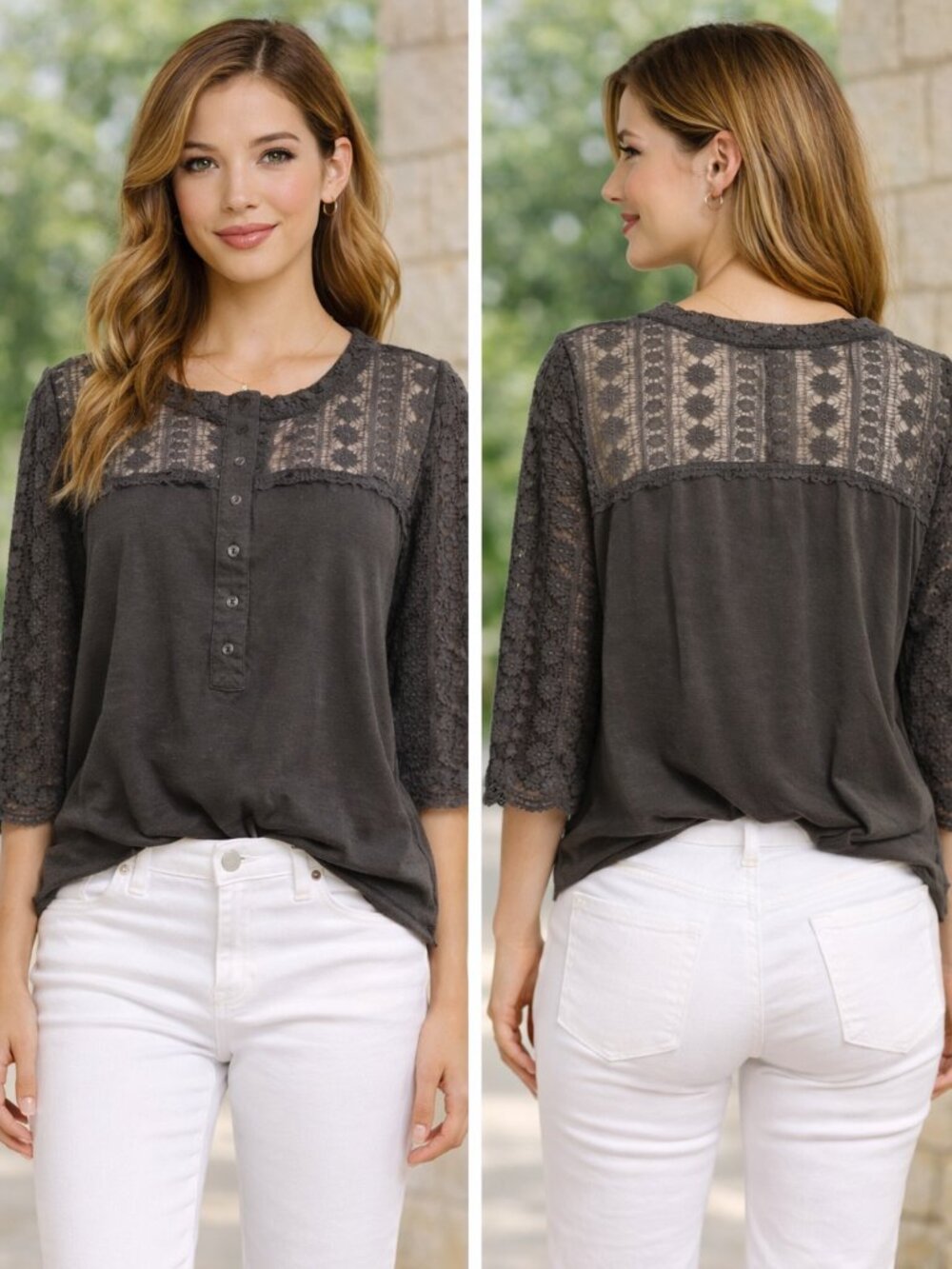 POL Gray Lace Mixed Media Top Medium Boho 3/4th sleeve Oversized NWOT